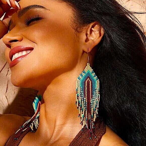 Handmade Beaded Boho Dangle Earrings Tribal Native - Picture 4 of 7